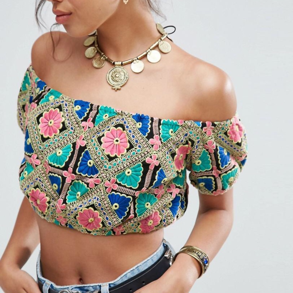 ASOS off the shoulder floral embroidery crop top